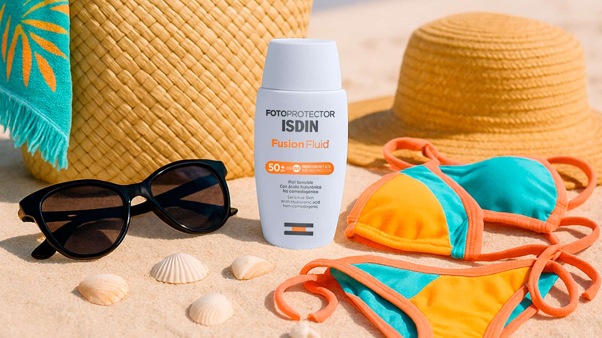 Isdin Fusion Fluid Mineral SPF Being Displayed on a Beach